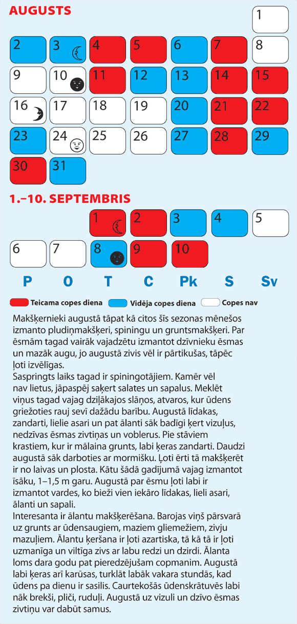 Copes dienu kalendārs Augustam un Septembra sākumam